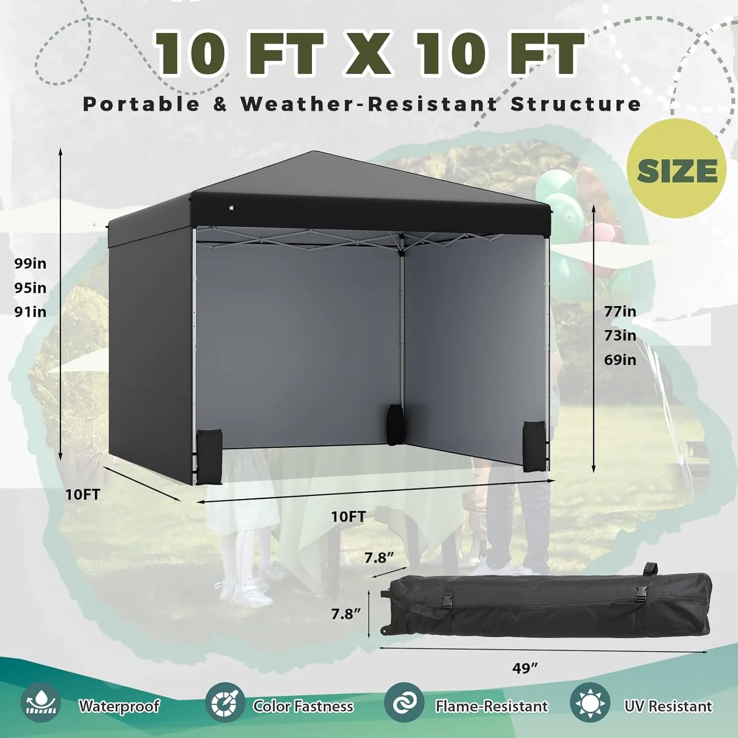 EROMMY 10' x 10' Pop Up Canopy Tent with 3 Sidewall, Easy Outdoor Sun Shade, Portable Shelter Gazebo for Events, Parties and Camping (Black)