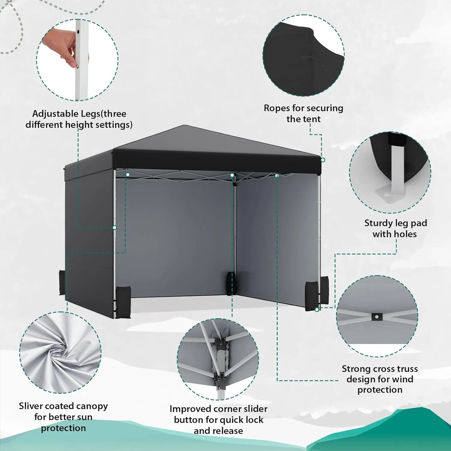 EROMMY 10' x 10' Pop Up Canopy Tent with 3 Sidewall, Easy Outdoor Sun Shade, Portable Shelter Gazebo for Events, Parties and Camping (Black)