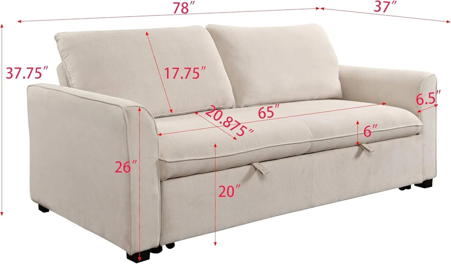 ERYE 78" W Oversized Loveseat Sofa Convertible Queen Size Sofabed, Soft Corduroy Upholstery Love Seat Sofa&Couch with Pull Out Sleeper Couch Bed & Reclining Backrest for Home Apartment RV Living Room