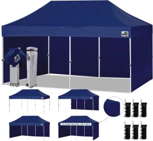 Eurmax USA 10'x20' Pop-up Canopy Tent Commercial Instant Canopies with 4 Removable Zipper End Side Walls and Roller Bag, Bonus 6 SandBags(Navy Blue)