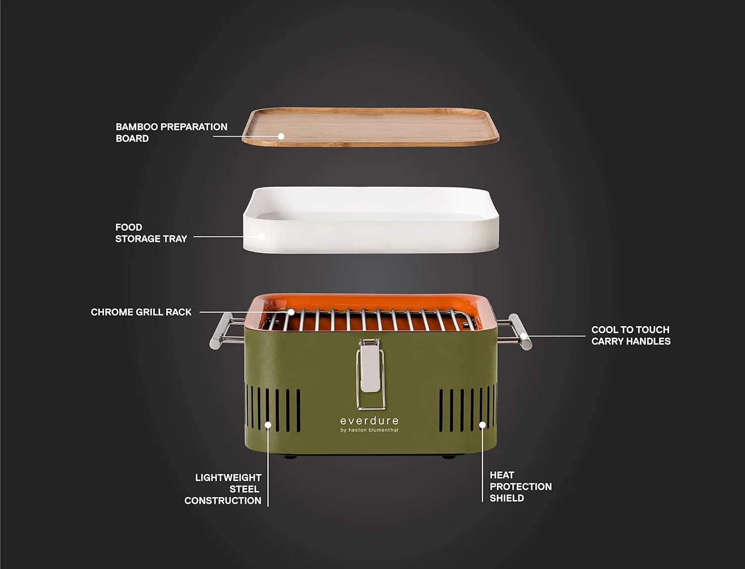 Everdure Cube Portable Charcoal Grill, Tabletop BBQ, Perfect Tailgate, Beach, Patio, or Camping Grill, Lightweight & Compact Small Grill with Preparation Board & Food Storage Tray, Khaki