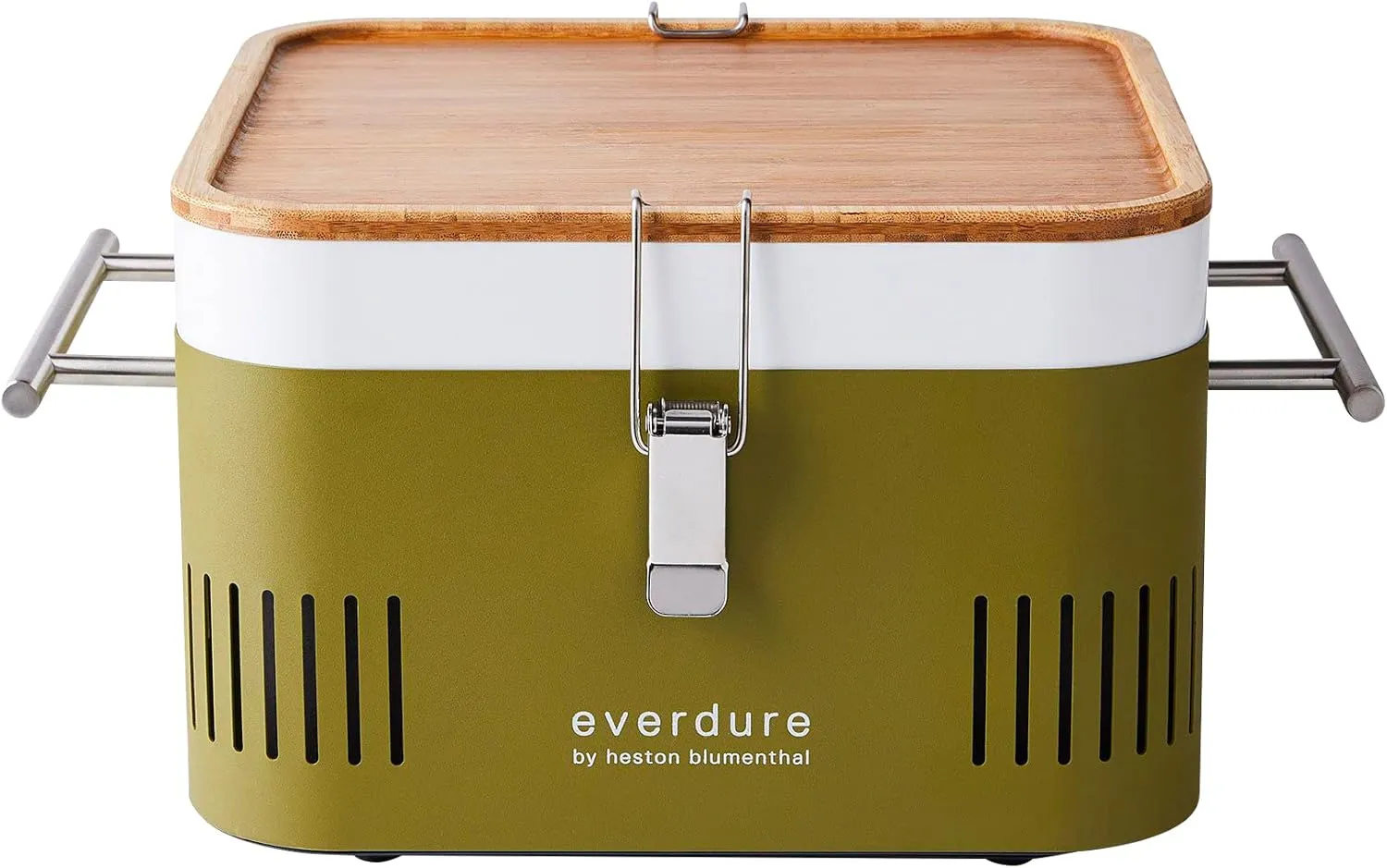 Everdure Cube Portable Charcoal Grill, Tabletop BBQ, Perfect Tailgate, Beach, Patio, or Camping Grill, Lightweight & Compact Small Grill with Preparation Board & Food Storage Tray, Khaki