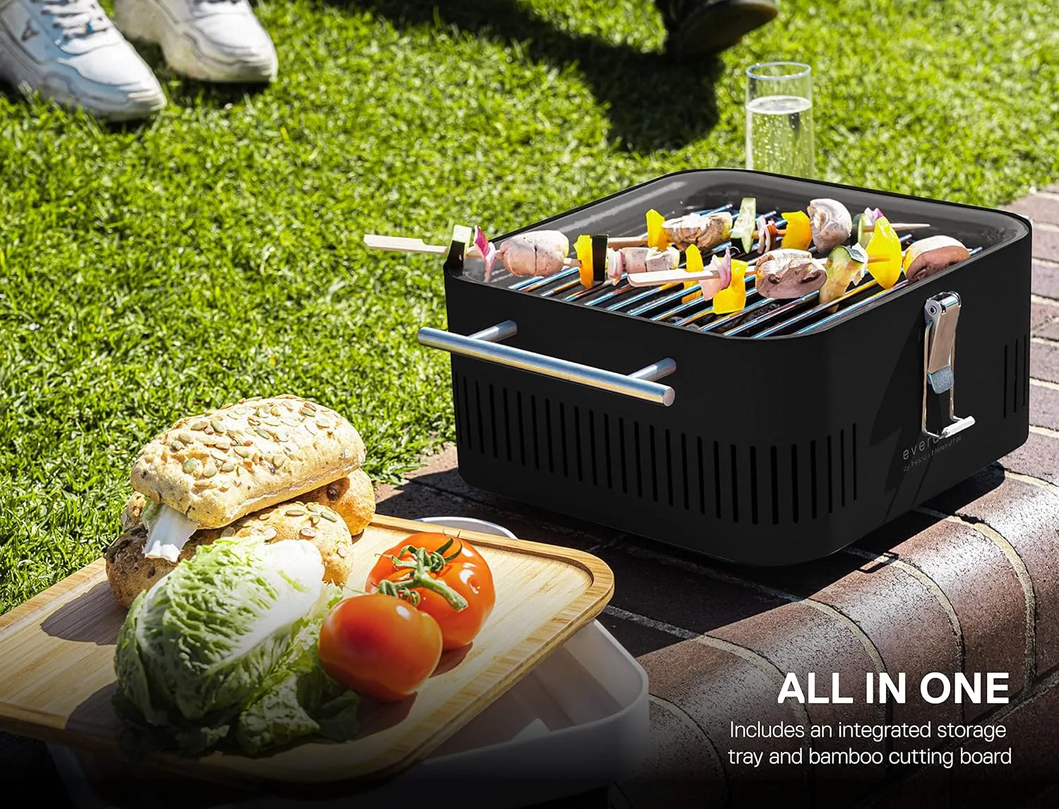 Everdure Cube Portable Charcoal Grill, Tabletop BBQ, Perfect Tailgate, Beach, Patio, or Camping Grill, Lightweight & Compact Small Grill with Preparation Board & Food Storage Tray, Khaki