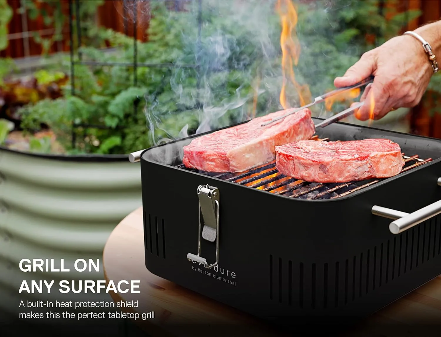 Everdure Cube Portable Charcoal Grill, Tabletop BBQ, Perfect Tailgate, Beach, Patio, or Camping Grill, Lightweight & Compact Small Grill with Preparation Board & Food Storage Tray, Khaki