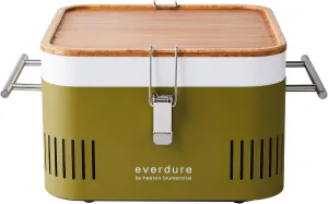 Everdure Cube Portable Charcoal Grill, Tabletop BBQ, Perfect Tailgate, Beach, Patio, or Camping Grill, Lightweight & Compact Small Grill with Preparation Board & Food Storage Tray, Khaki