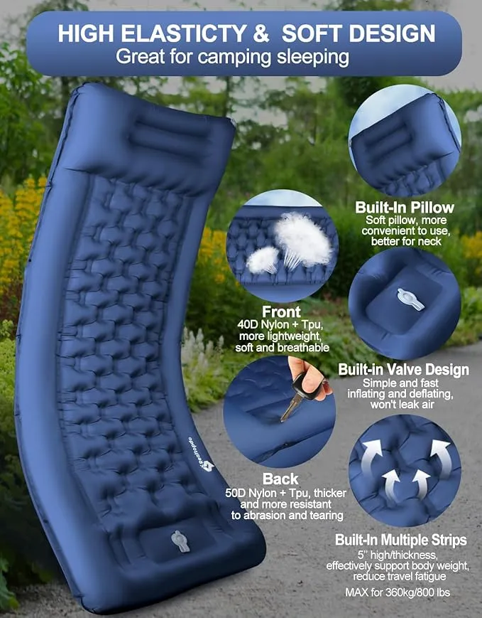 Extra Thick 5 Inch Camping Sleeping Pad - Self Inflating Sleeping Pad with Pillow, Camping Mattress Pad with Foot Pump, Sleeping Pad Mat for Camping Backpacking, Hiking, Traveling (Blue)
