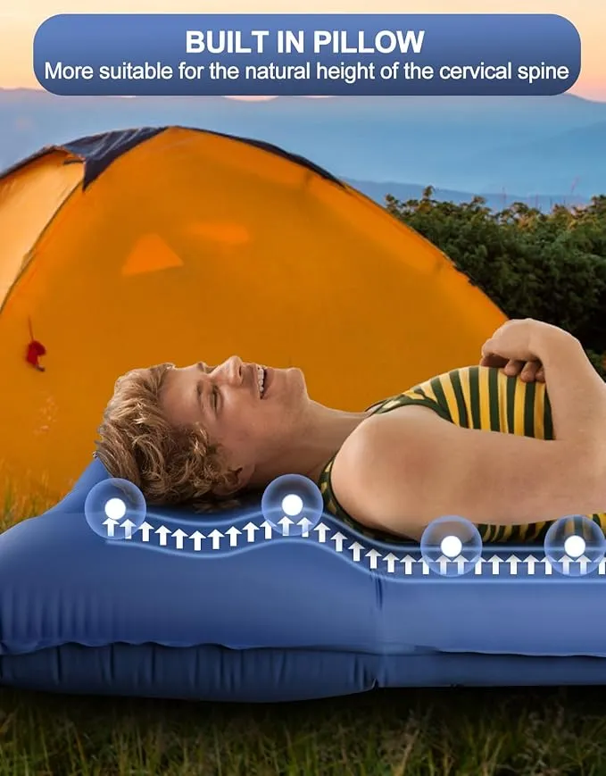 Extra Thick 5 Inch Camping Sleeping Pad - Self Inflating Sleeping Pad with Pillow, Camping Mattress Pad with Foot Pump, Sleeping Pad Mat for Camping Backpacking, Hiking, Traveling (Blue)