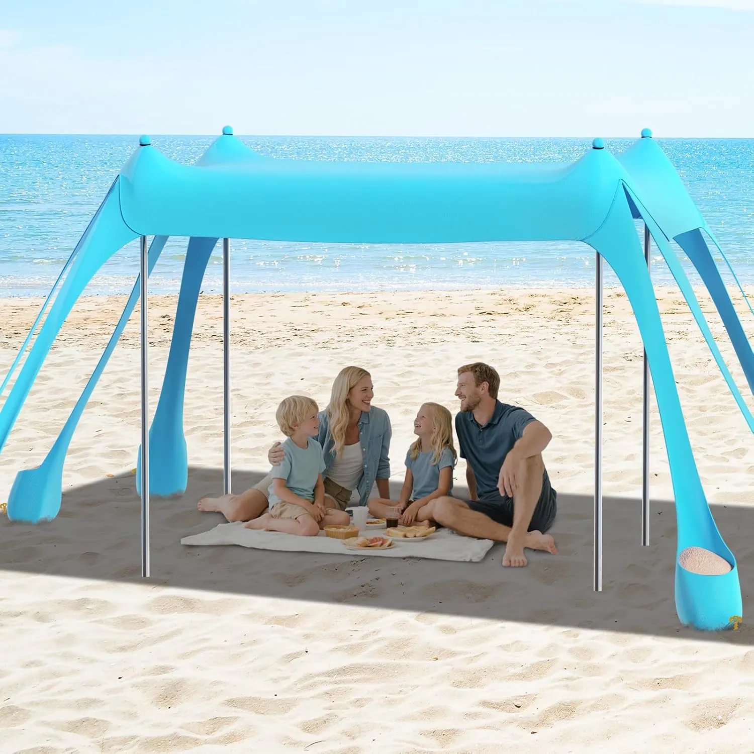 FAHKNS Beach Tent, Camping Sun Shade UPF50  with 8 Sandbags, Sand Shovel, Ground Spikes and Stabilizer Poles, 10x10ft Beach Sunshade, Beach Tent for Camping, Backyard Entertainment (Light Green)