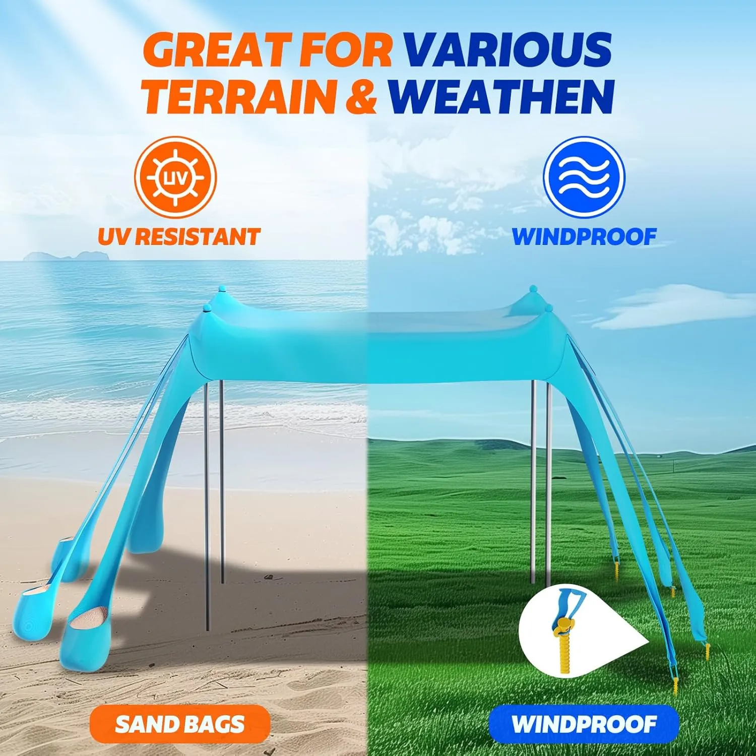 FAHKNS Beach Tent, Camping Sun Shade UPF50  with 8 Sandbags, Sand Shovel, Ground Spikes and Stabilizer Poles, 10x10ft Beach Sunshade, Beach Tent for Camping, Backyard Entertainment (Light Green)