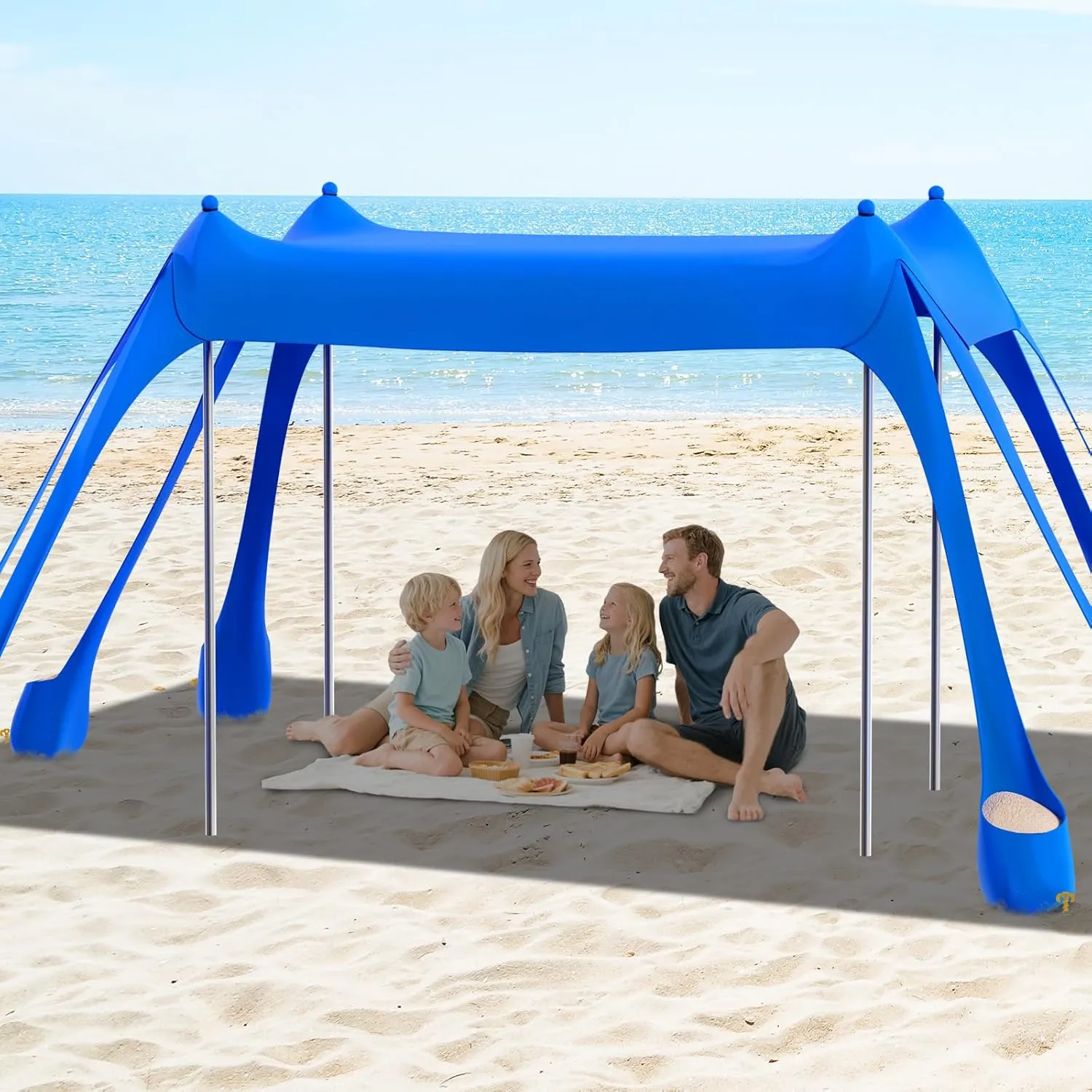 FAHKNS Beach Tent, Camping Sun Shade UPF50  with 8 Sandbags, Sand Shovel, Ground Spikes and Stabilizer Poles, 10x10ft Beach Sunshade, Beach Tent for Camping, Fishing and Picnicking (Blue)
