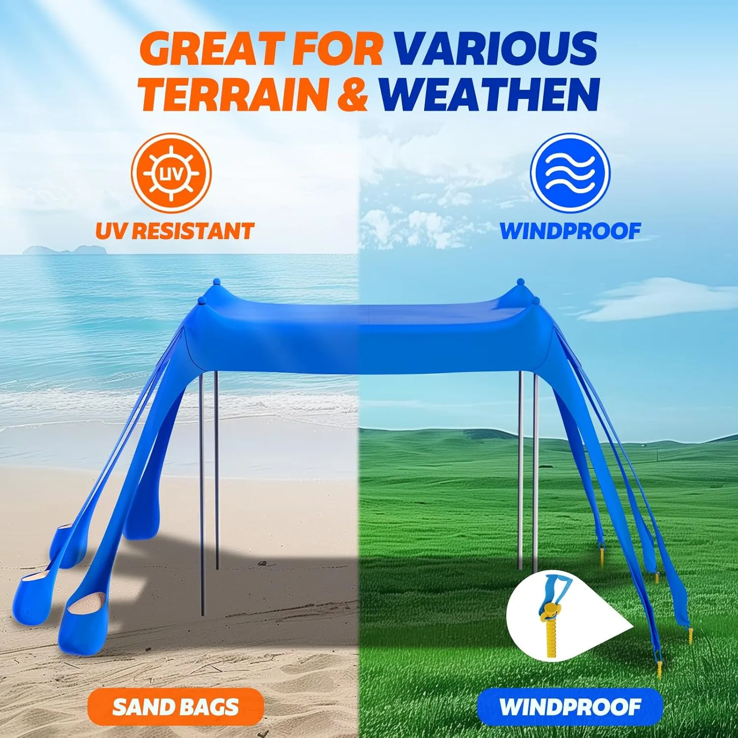 FAHKNS Beach Tent, Camping Sun Shade UPF50  with 8 Sandbags, Sand Shovel, Ground Spikes and Stabilizer Poles, 10x10ft Beach Sunshade, Beach Tent for Camping, Fishing and Picnicking (Blue)