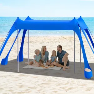 FAHKNS Beach Tent, Camping Sun Shade UPF50  with 8 Sandbags, Sand Shovel, Ground Spikes and Stabilizer Poles, 10x10ft Beach Sunshade, Beach Tent for Camping, Fishing and Picnicking (Blue)