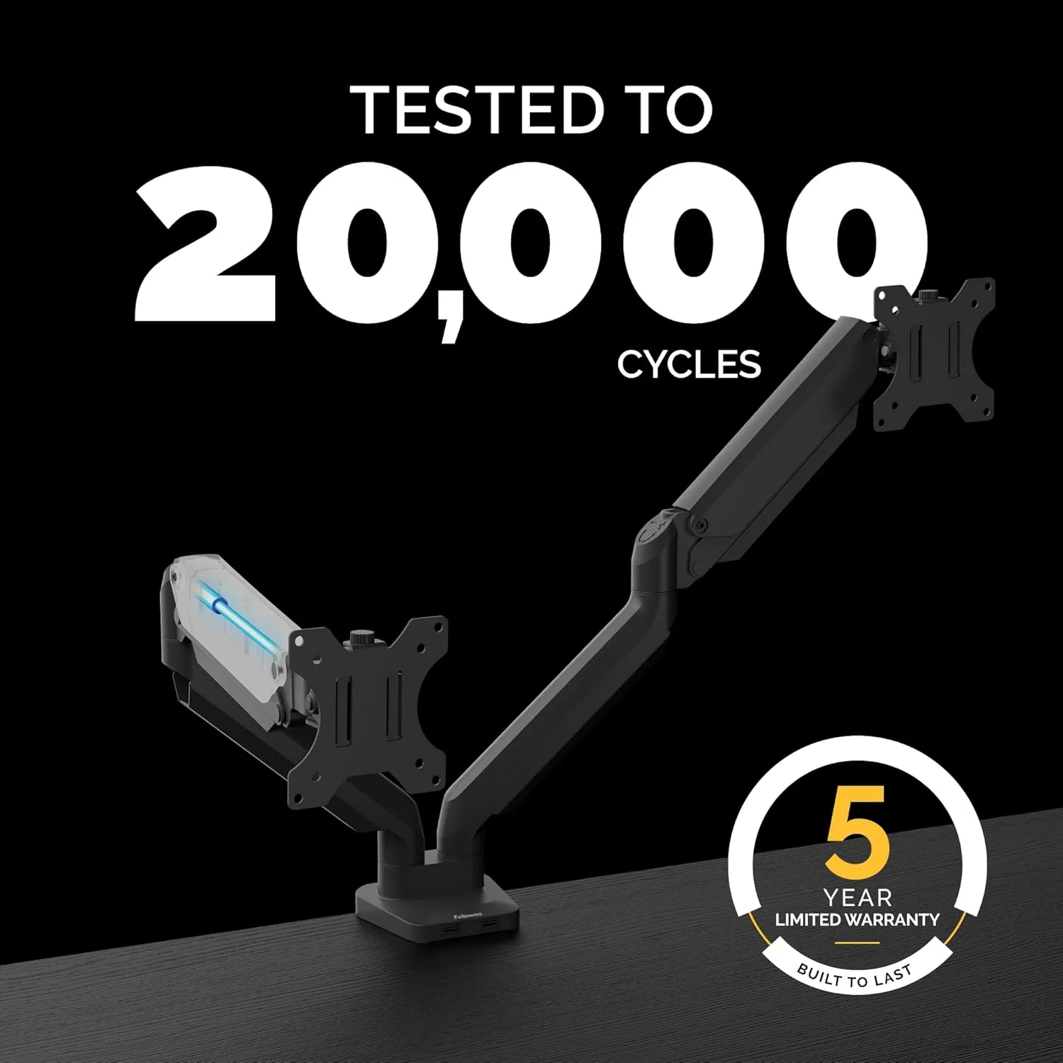 Fellowes Platinum Series Dual Monitor Arm for 40-Inch Monitors, Full Motion, 360° Rotation, VESA Mount with Grommet or Clamp, USB Ports, Ergonomic, Black, 8042501
