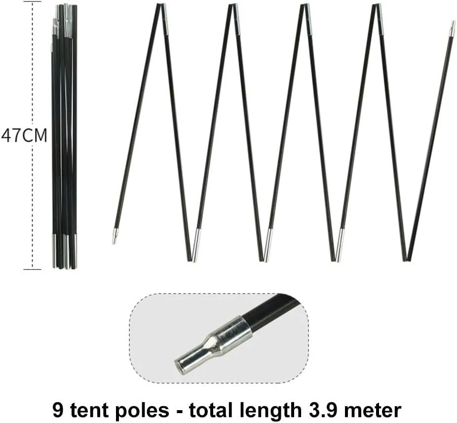 Fibreglass Tent Poles Replacement, 10.5-12.8ft Pre-Assembled Black Tent Pole for Hiking & Camping Easy to Install Outdoor Tent Repair Rod(3.9m)