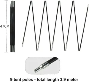 Fibreglass Tent Poles Replacement, 10.5-12.8ft Pre-Assembled Black Tent Pole for Hiking & Camping Easy to Install Outdoor Tent Repair Rod(3.9m)