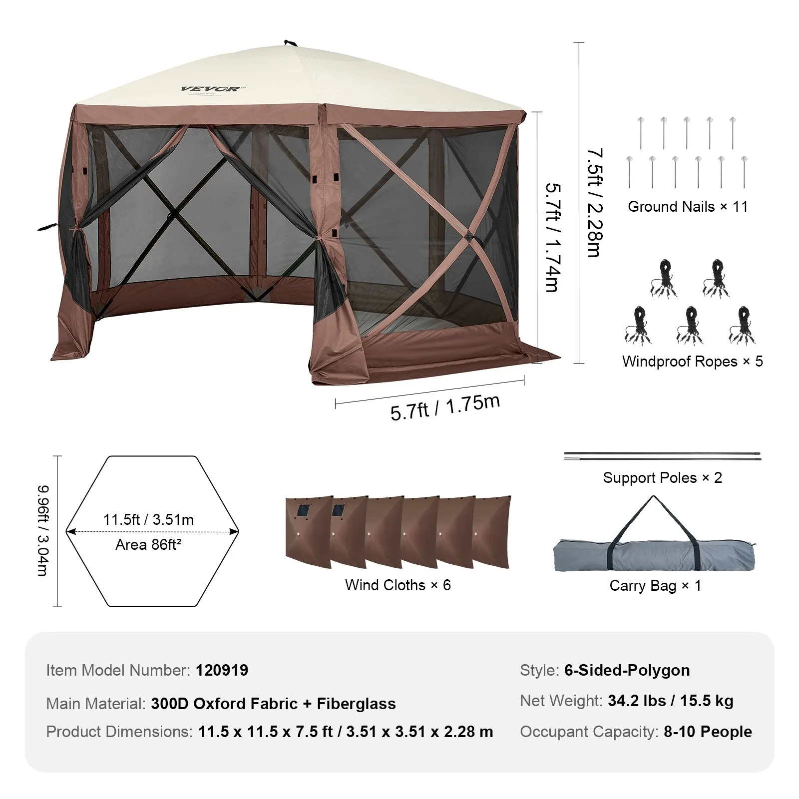 (FINAL PRICES ARE LOWER ON OUR SITE!) VEVOR Pop Up Gazebo Tent, Pop-Up Screen Tent 6 Sided Canopy Sun Shelter with 6 Removable Privacy Wind Cloths & Mesh Windows, 11.5x11.5FT Quick Set Screen Tent with Mosquito Netting, Brown