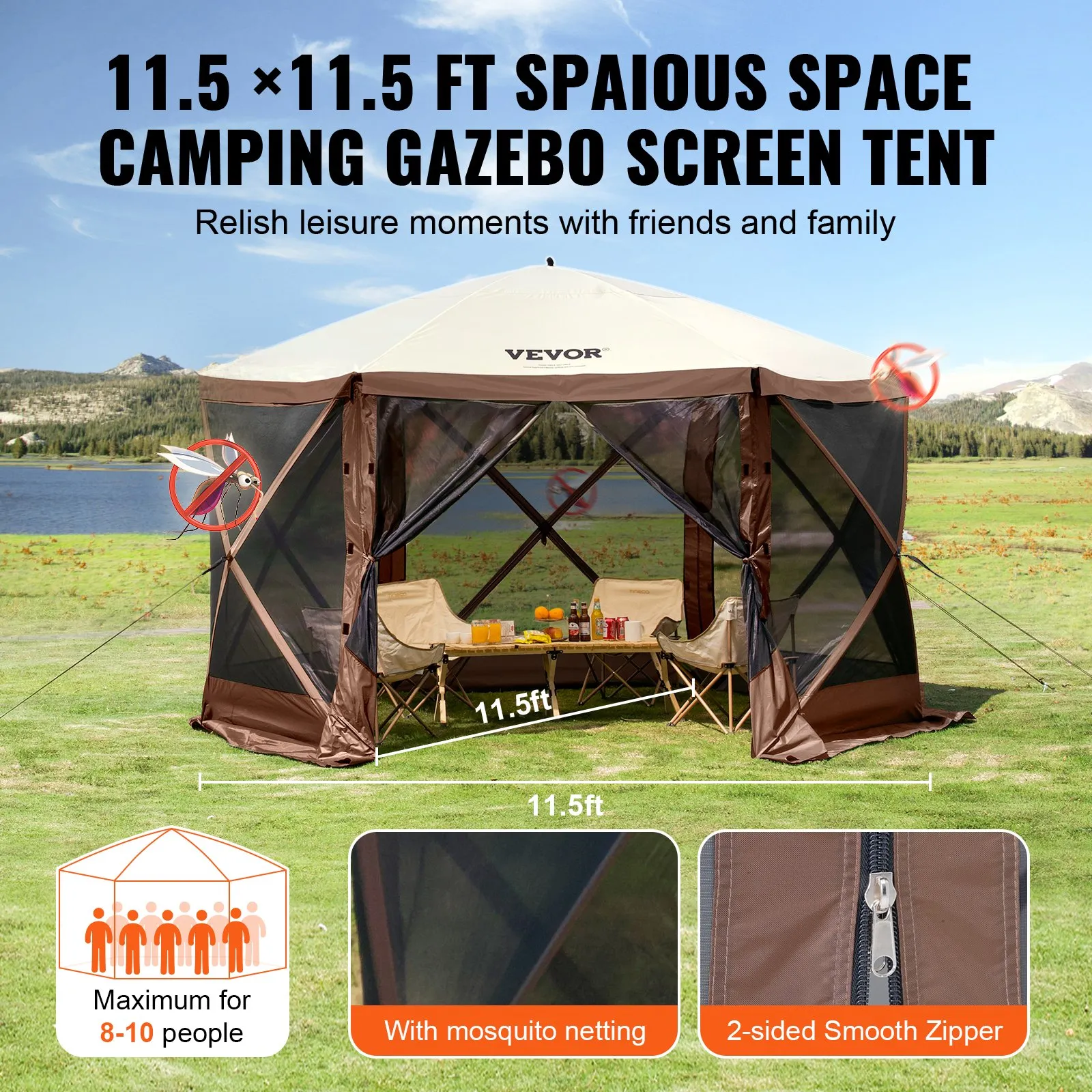 (FINAL PRICES ARE LOWER ON OUR SITE!) VEVOR Pop Up Gazebo Tent, Pop-Up Screen Tent 6 Sided Canopy Sun Shelter with 6 Removable Privacy Wind Cloths & Mesh Windows, 11.5x11.5FT Quick Set Screen Tent with Mosquito Netting, Brown