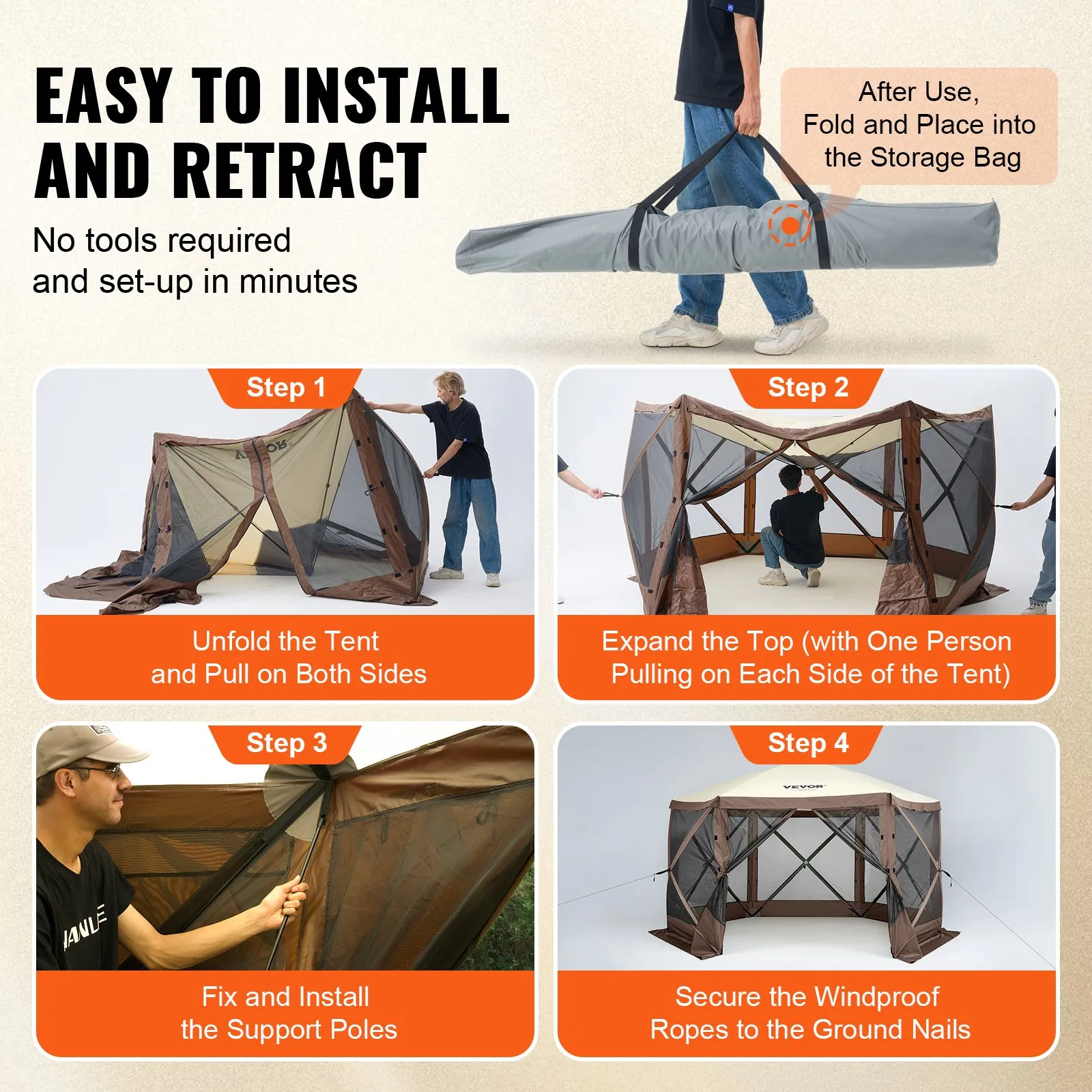 (FINAL PRICES ARE LOWER ON OUR SITE!) VEVOR Pop Up Gazebo Tent, Pop-Up Screen Tent 6 Sided Canopy Sun Shelter with 6 Removable Privacy Wind Cloths & Mesh Windows, 11.5x11.5FT Quick Set Screen Tent with Mosquito Netting, Brown