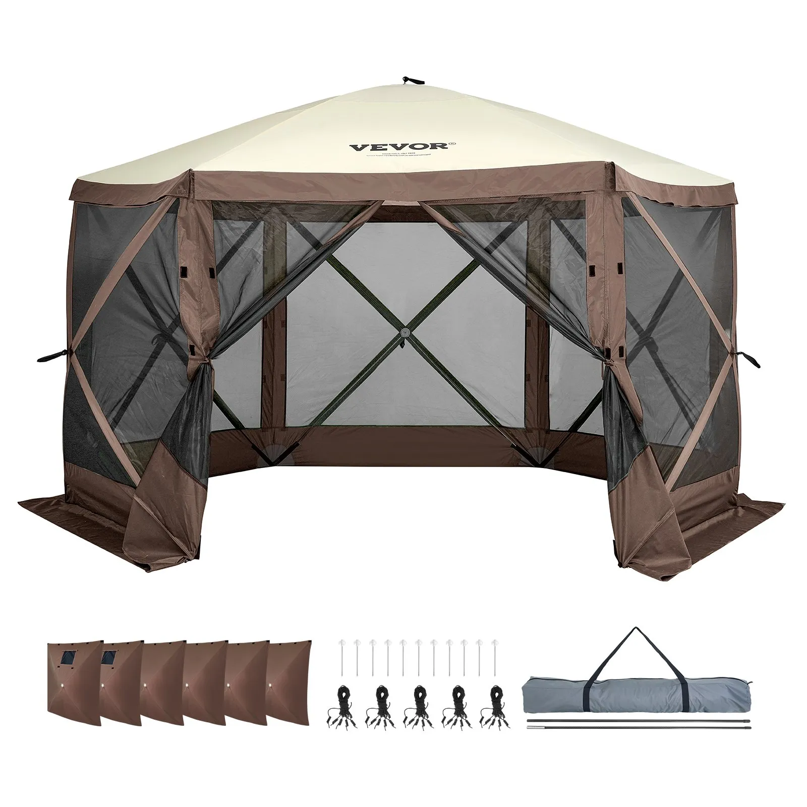 (FINAL PRICES ARE LOWER ON OUR SITE!) VEVOR Pop Up Gazebo Tent, Pop-Up Screen Tent 6 Sided Canopy Sun Shelter with 6 Removable Privacy Wind Cloths & Mesh Windows, 11.5x11.5FT Quick Set Screen Tent with Mosquito Netting, Brown