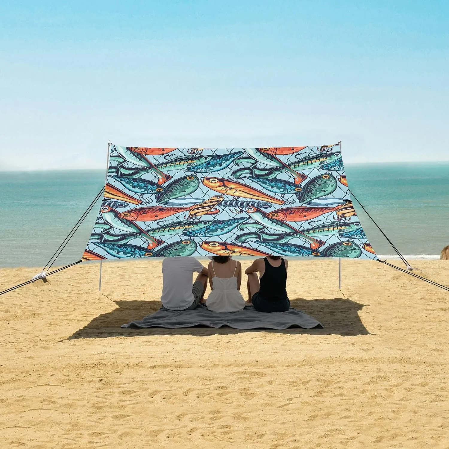 Fishing Baits and Lures Pattern Beach Camping Tent Sun Shelter for Whole Family, Beach Shade Canopy with UPF50  UV Protection,Easy Set Up and Carry,Outdoor Shade for Trips, Fishing, Backyard Fu