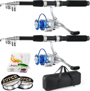 Fishing Pole Combo, 6.9ft 2Pcs Telescopic Rods Set, Collapsible Carbon Fiber Fishing Rods, 2PCS Spinning Reel Set with Carrier Bag Freshwater Fishing Rod and Reel Combos Kits