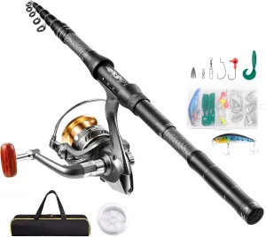 Fishing Rod and Reel Combos, Carbon Fiber Telescopic Fishing Pole Kit with Spinning Reel, Fishing Line, Fishing Lures, Travel Bag for Beginner Saltwater Freshwater Fishing
