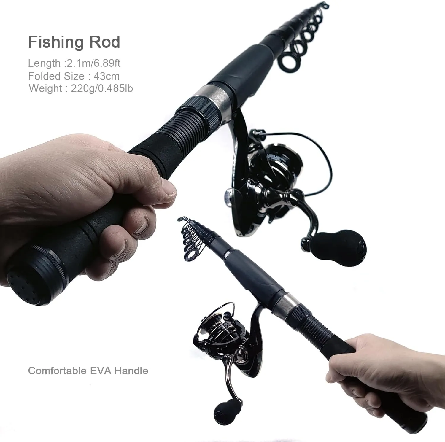 Fishing Rod Reel Combos, 2PCS 2.1m/6.89ft Collapsible Fishing Rods   2PCS Spinning Reels   Fishing Lines Fishing Lures Carrier Bag, Telescopic Fishing Pole Set Sea Saltwater Freshwater Kit