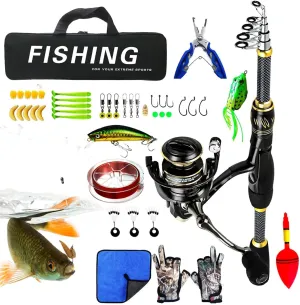 Fishing Rods Reels - Telescopic Fishing Pole Kit, Fishing Combos with Telescopic Fishing Pole Spining Reels Fishing Carrier Bag, Spining Reels Lures Set Carrier Bag Carbon Fiber for Travel Saltwater