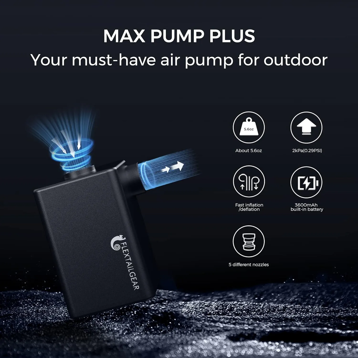 FLEXTAILGEAR Portable Air Pump, Electric Air Mattress Pump, Camping Air Pump with 3600mAh Rechargeable Battery, Quick Inflate Deflate for Pool Floats, Air Bed, Sleeping Pads, Swimming Ring (Black)