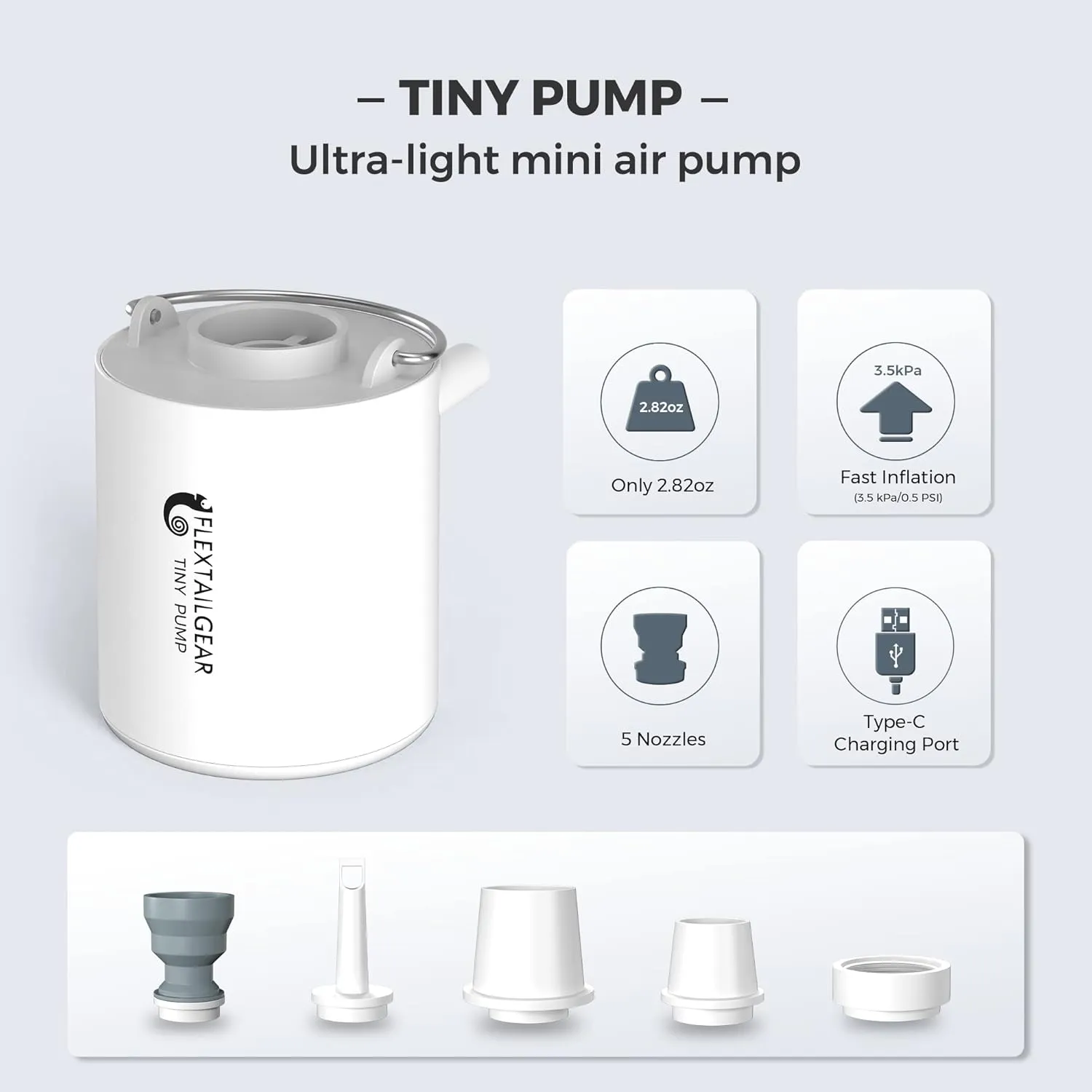 FLEXTAILGEAR Tiny Pump Portable Air Pump, Ultra-Mini with 1300mAh Battery USB Rechargeable to Inflate Deflate for Pool Floats Air Bed / Mattress Swimming Ring Vacuum Storage Bags (White)