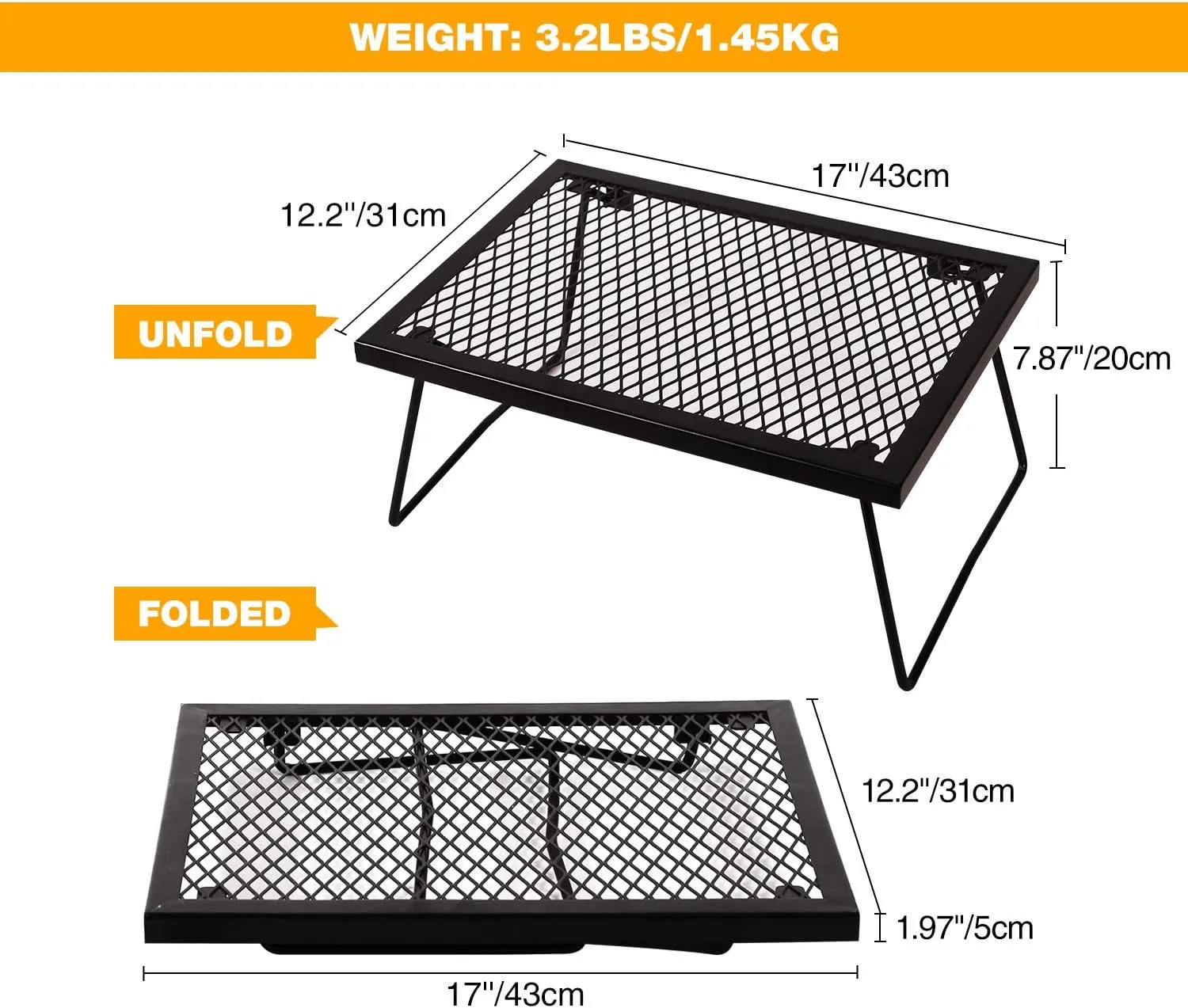 Folding Campfire Grill Grate, Portable Heavy Duty Steel Over Fire Camp Grill for Outdoor Camping Cooking Fire Pit, Black