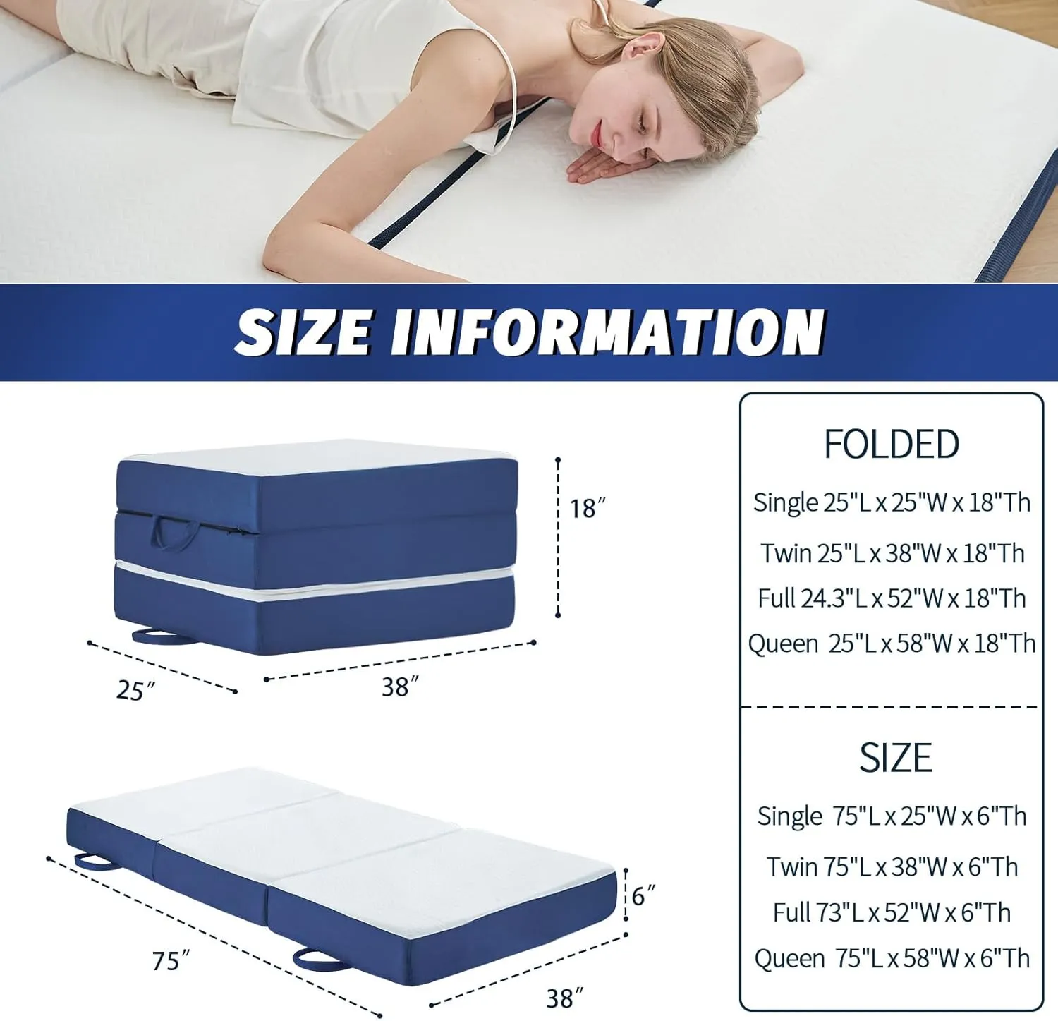 Folding Mattress Twin,6 inch Memory Foam Tri Fold,Portable Mattress with Washable Cover, Guest Bed Portable Foldable Mattress Topper for Camping, Road Trip,Travel(38"×75"×6")