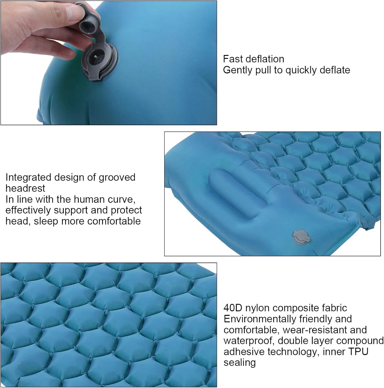 Foot Press Inflatable Camping Sleeping Pad Mat, Portable Cushion Mattress for Tent, Hiking, Travel, Tear Resistant Nylon Fabric, Comfortable with 2 Way Valve R Value: 1.3[Blue 3]