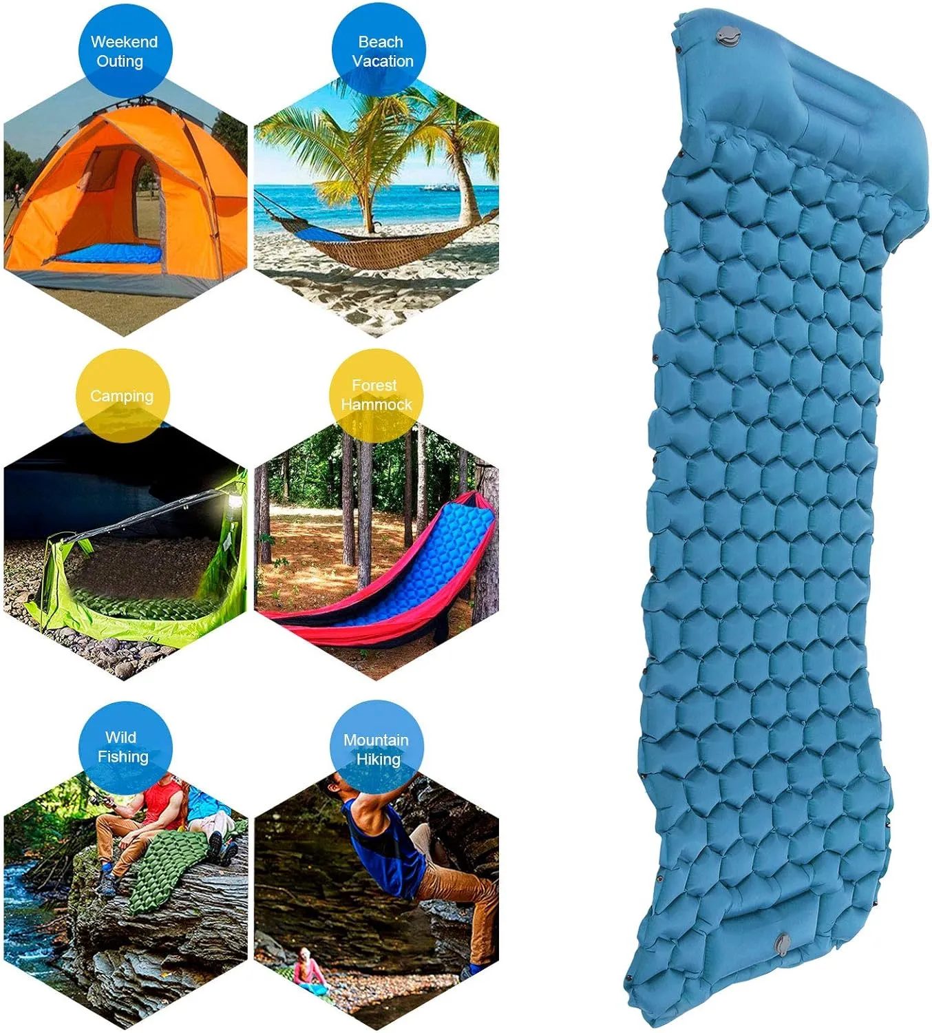 Foot Press Inflatable Camping Sleeping Pad Mat, Portable Cushion Mattress for Tent, Hiking, Travel, Tear Resistant Nylon Fabric, Comfortable with 2 Way Valve R Value: 1.3[Blue 3]
