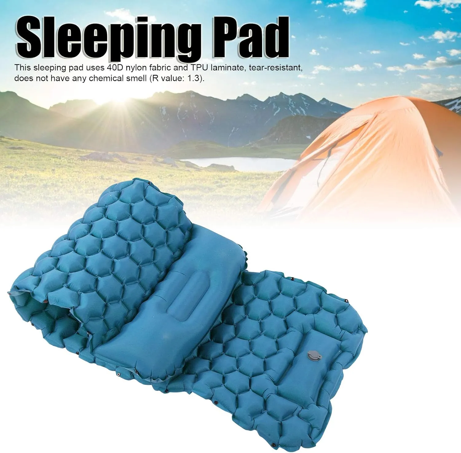 Foot Press Inflatable Camping Sleeping Pad Mat, Portable Cushion Mattress for Tent, Hiking, Travel, Tear Resistant Nylon Fabric, Comfortable with 2 Way Valve R Value: 1.3[Blue 3]