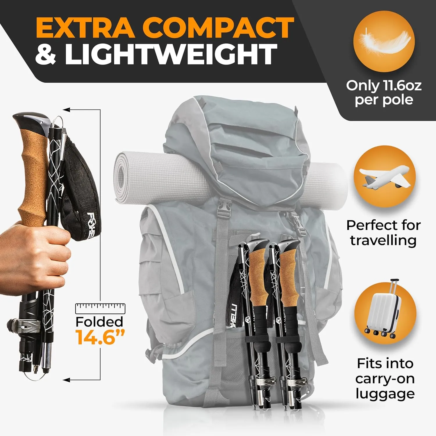 Foxelli Folding Trekking Poles – Lightweight & Compact Collapsible Walking Sticks for Men & Women with Flip Locks & 4-Season All-Terrain Accessories Perfect for Travel