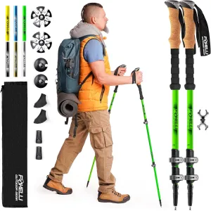Foxelli Trekking Poles – Lightweight Collapsible Aircraft Grade Aluminum Hiking Poles with Cork Grips Quick Locks & All-Terrain Accessories – Pair of 2