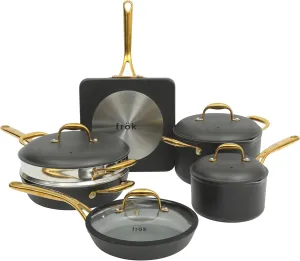 Frok 10 Piece Pots and Pans 4MM Thick Quick Heat Aluminum Cookware Set w/Premium PFA Free Ceramic Nonstick Interior Heat Resistant Exterior - Induction - Black & Gold