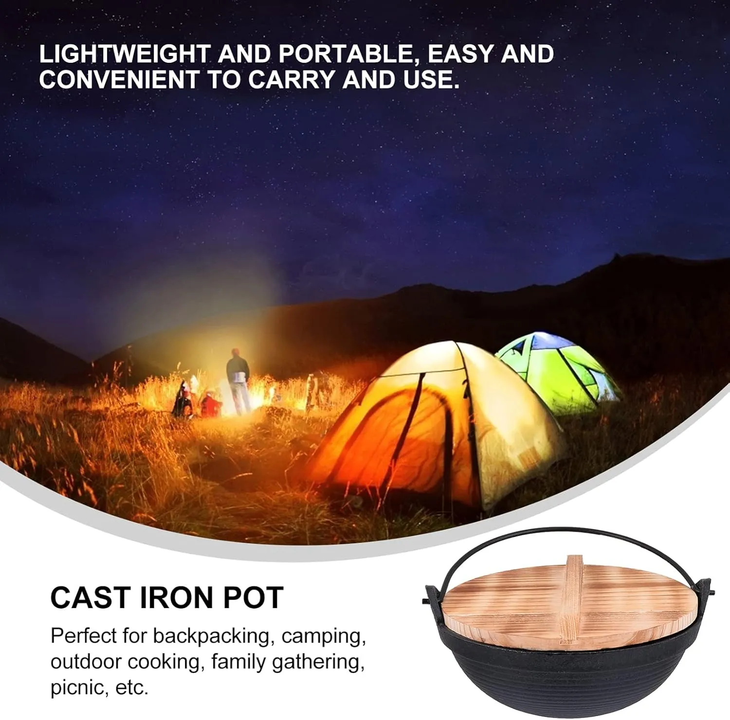 Frying 1 Set Cast Iron Camping Pot with Lid Hanging Cooking Pot Outdoor Picnic Cookware Nonstick Iron Deep Frying Pan for Dinner Backpacking Hiking 20cm pan, 19.5X19.5X6.5CM, Black