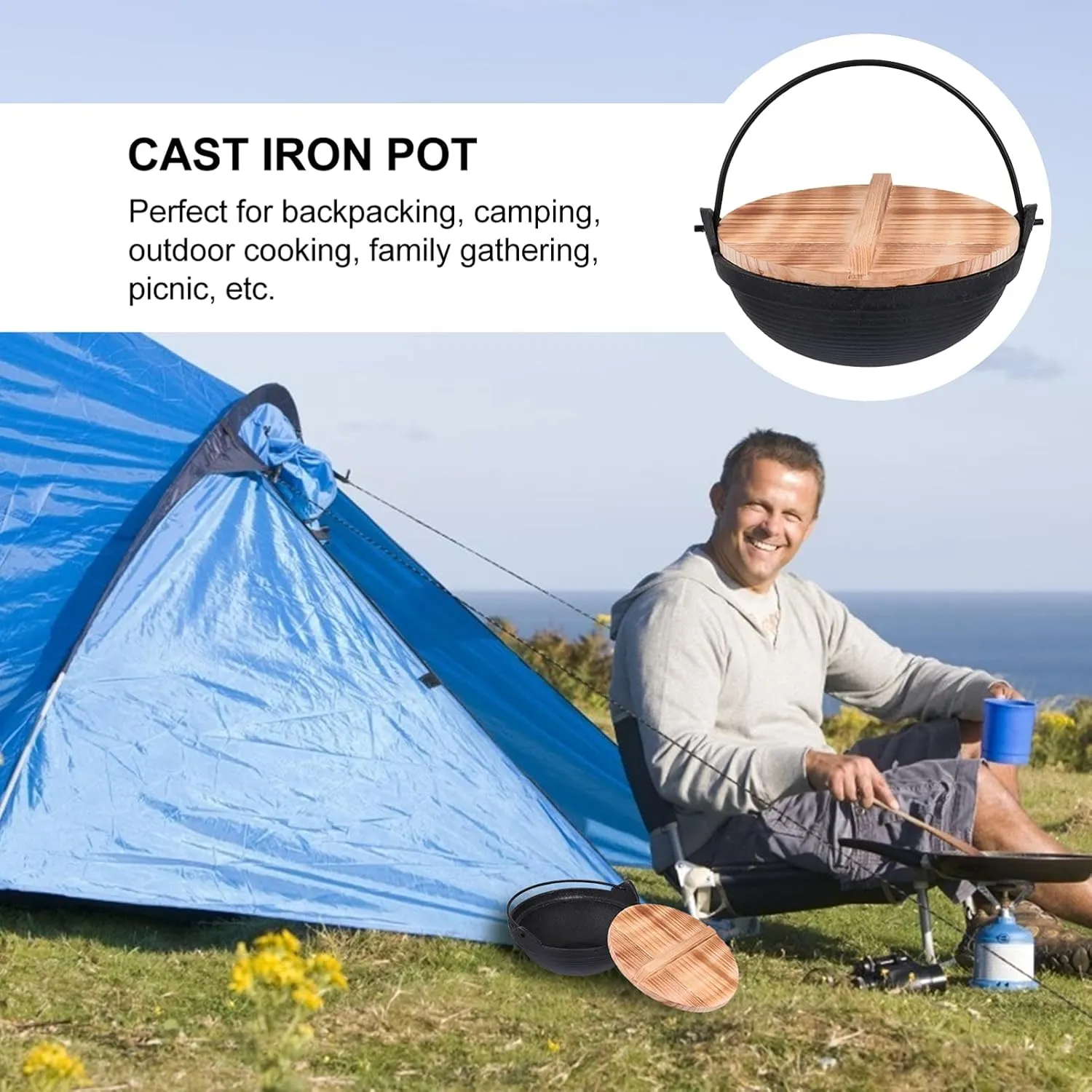 Frying 1 Set Cast Iron Camping Pot with Lid Hanging Cooking Pot Outdoor Picnic Cookware Nonstick Iron Deep Frying Pan for Dinner Backpacking Hiking 20cm pan, 19.5X19.5X6.5CM, Black