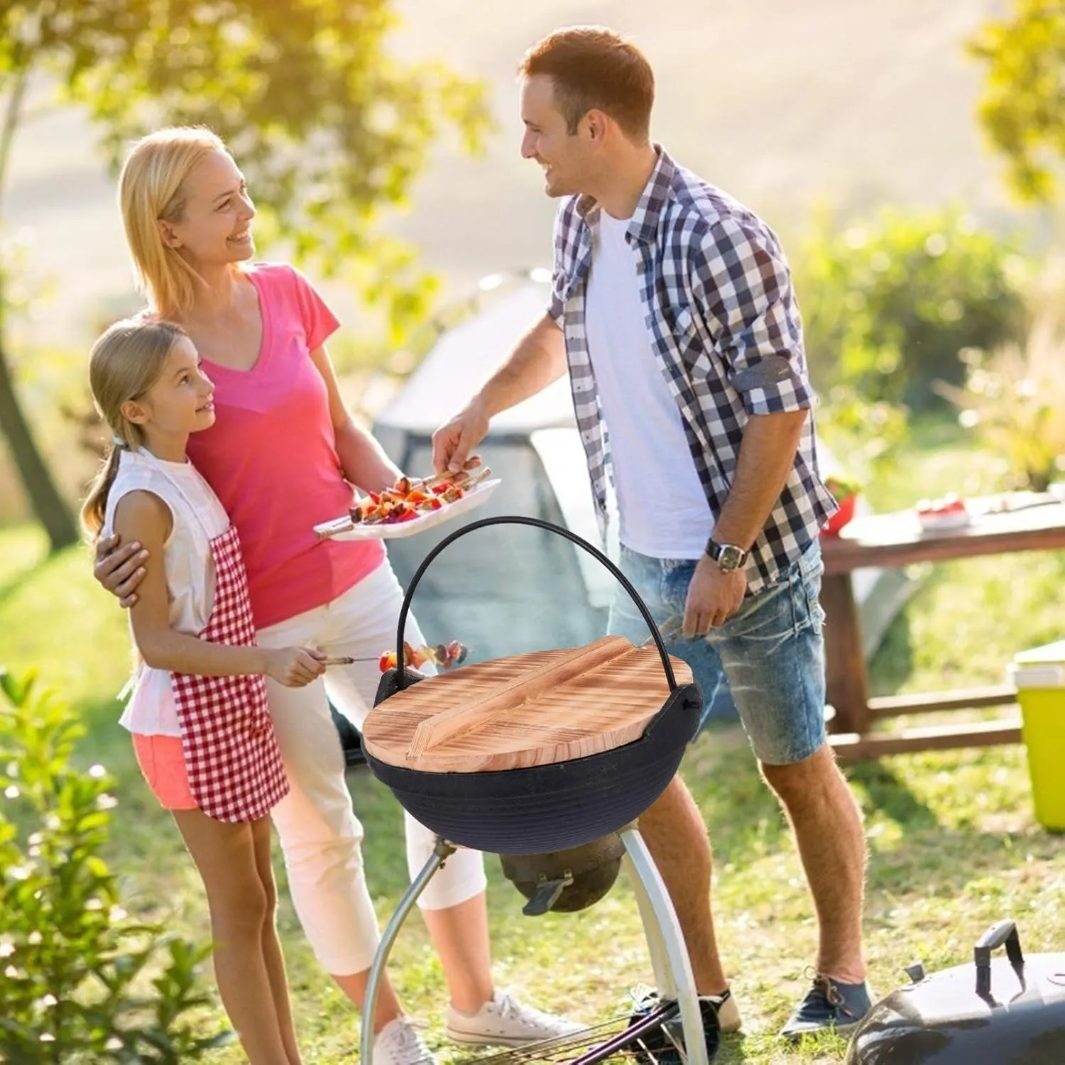Frying 1 Set Cast Iron Camping Pot with Lid Hanging Cooking Pot Outdoor Picnic Cookware Nonstick Iron Deep Frying Pan for Dinner Backpacking Hiking 20cm pan, 19.5X19.5X6.5CM, Black