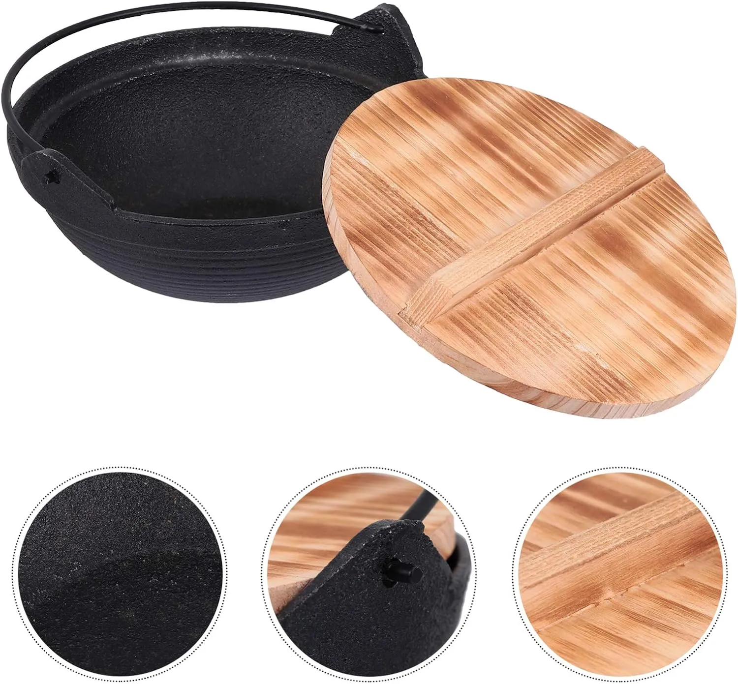 Frying 1 Set Cast Iron Camping Pot with Lid Hanging Cooking Pot Outdoor Picnic Cookware Nonstick Iron Deep Frying Pan for Dinner Backpacking Hiking 20cm pan, 19.5X19.5X6.5CM, Black