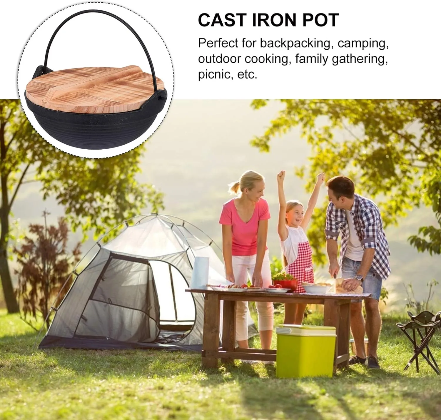 Frying 1 Set Cast Iron Camping Pot with Lid Hanging Cooking Pot Outdoor Picnic Cookware Nonstick Iron Deep Frying Pan for Dinner Backpacking Hiking 20cm pan, 19.5X19.5X6.5CM, Black