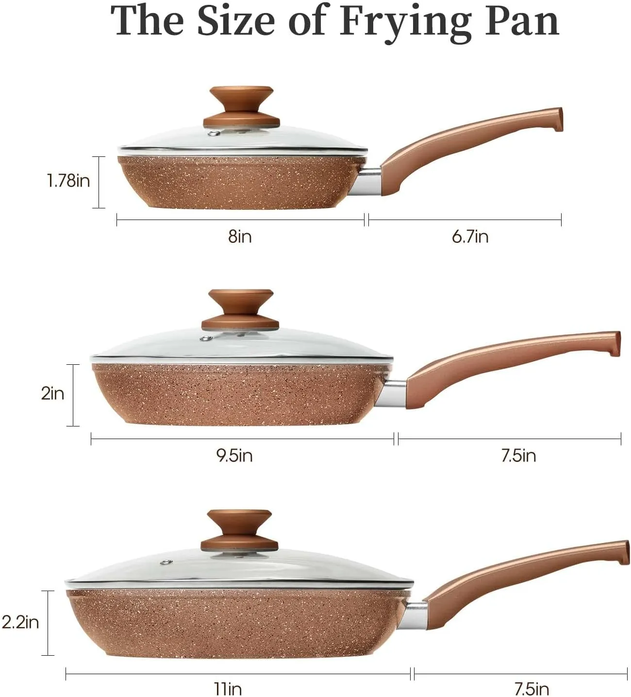 Frying Pan Set with Lids - Nonstick Frying Pan Set 3 Pcs, Non Stick Granite Cookware Set, Induction Skillet Set Egg Omelette Frying Pan W/Lid, Healthy No Toxic Cookware, Pan Set for Cooking, PFOA Free