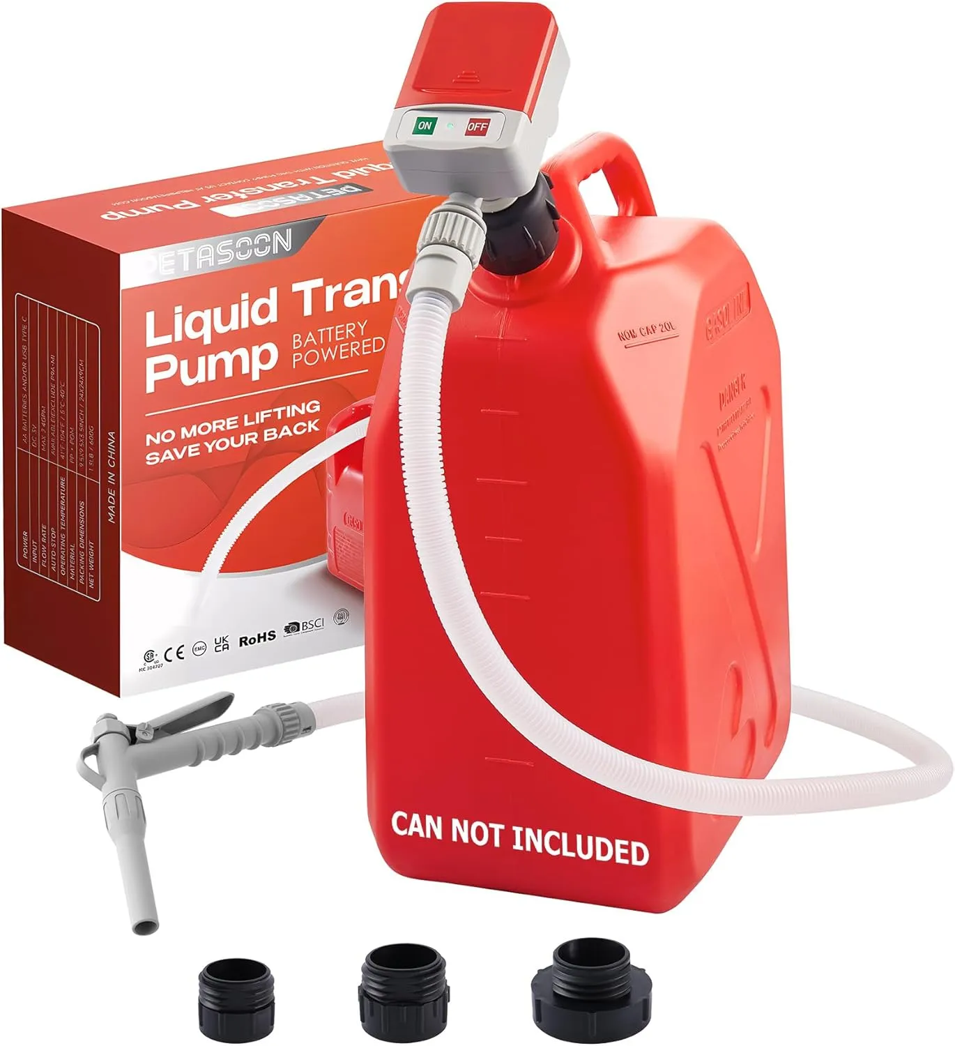 Fuel Transfer Pump Battery Powered Electric Portable Gas Can Tank Pump for Gasoline Diesel kerosene Liquid with Flexible Hose Hand Gas Nozzle(Can Not Included)