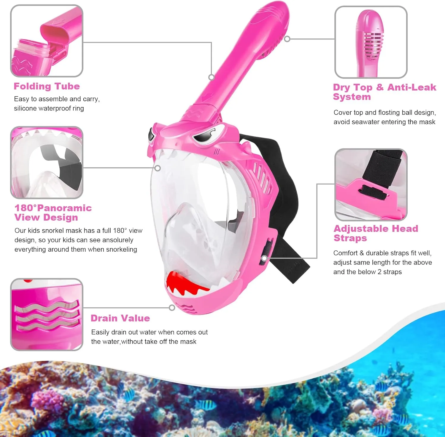 Full Face Snorkel Mask for Kids, Kids Snorkeling Set 180 Degree Panoramic View, Safe Anti-Leak Anti-Fog, Foldable Dry Top Snorkeling Gear for Kids Adult