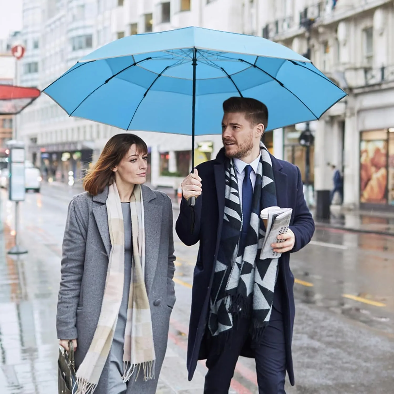 G4Free 54/62 Inch Windproof Inverted Umbrella with Reflective Stripe, Large Compact Reverse Golf Travel Umbrella for Rain 10 Ribs Double Canopy Automatic Open Close