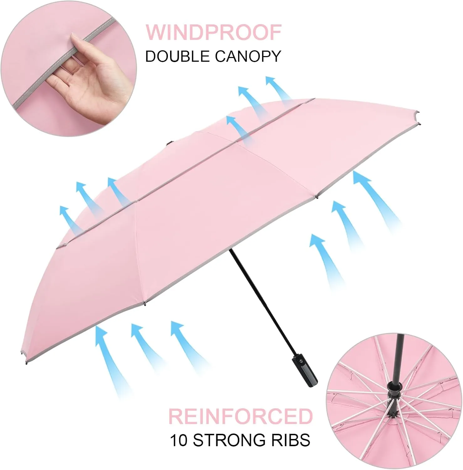 G4Free 54/62 Inch Windproof Inverted Umbrella with Reflective Stripe, Large Compact Reverse Golf Travel Umbrella for Rain 10 Ribs Double Canopy Automatic Open Close
