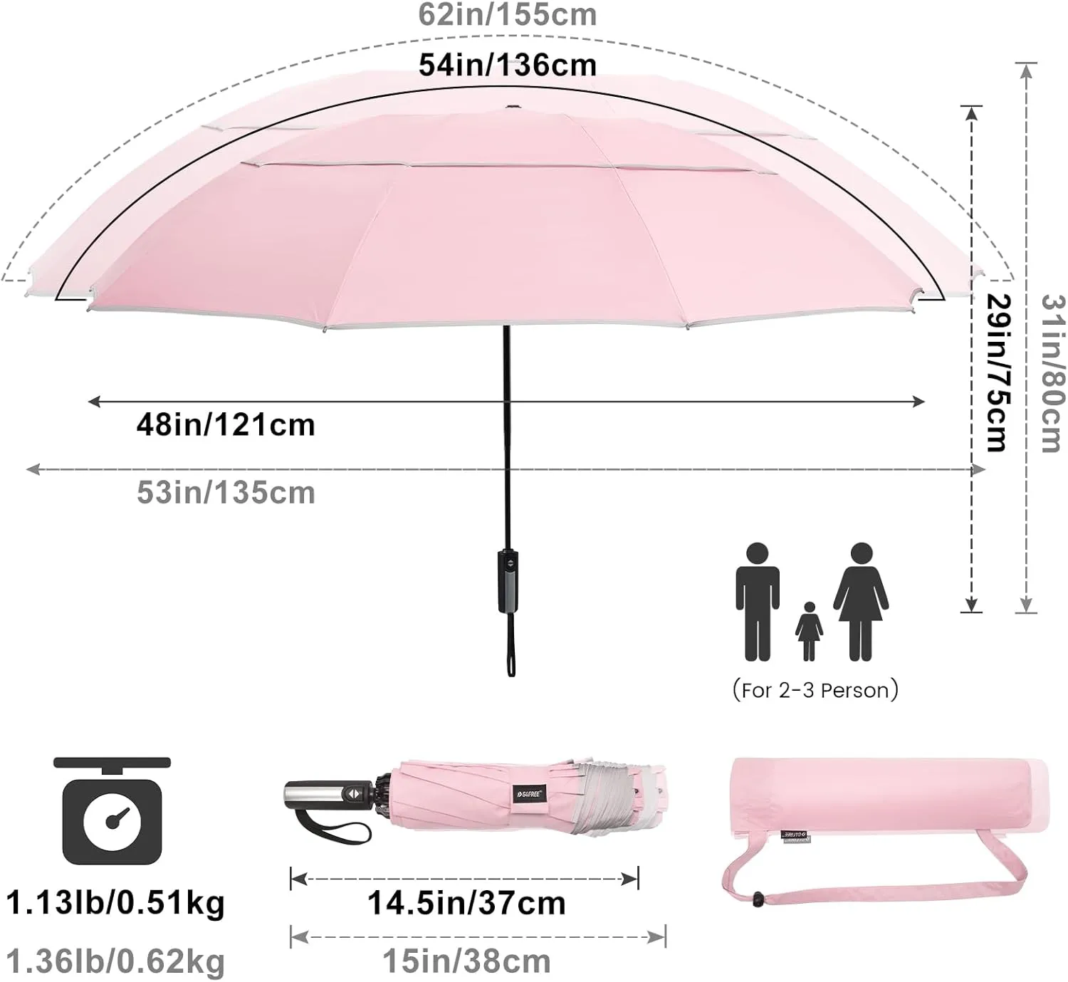 G4Free 54/62 Inch Windproof Inverted Umbrella with Reflective Stripe, Large Compact Reverse Golf Travel Umbrella for Rain 10 Ribs Double Canopy Automatic Open Close