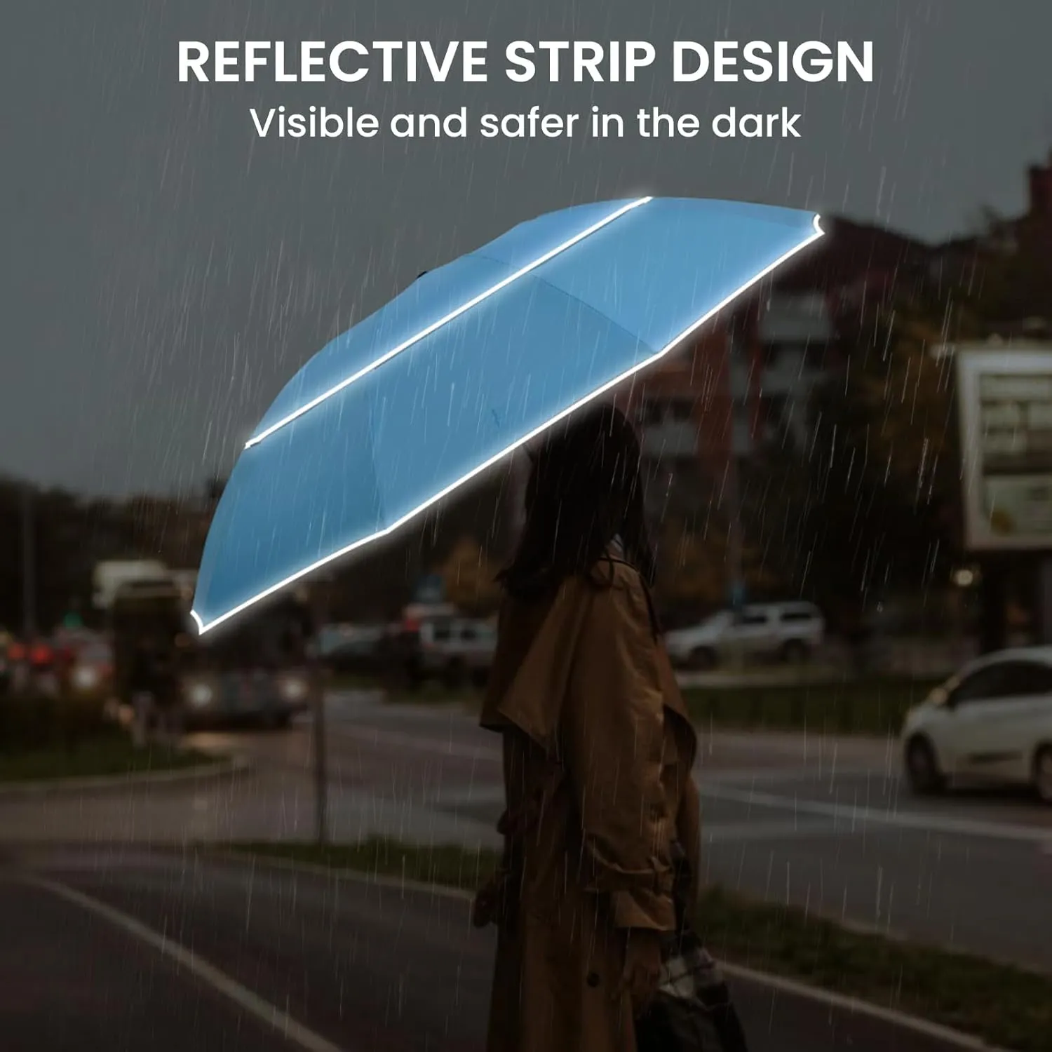 G4Free 54/62 Inch Windproof Inverted Umbrella with Reflective Stripe, Large Compact Reverse Golf Travel Umbrella for Rain 10 Ribs Double Canopy Automatic Open Close
